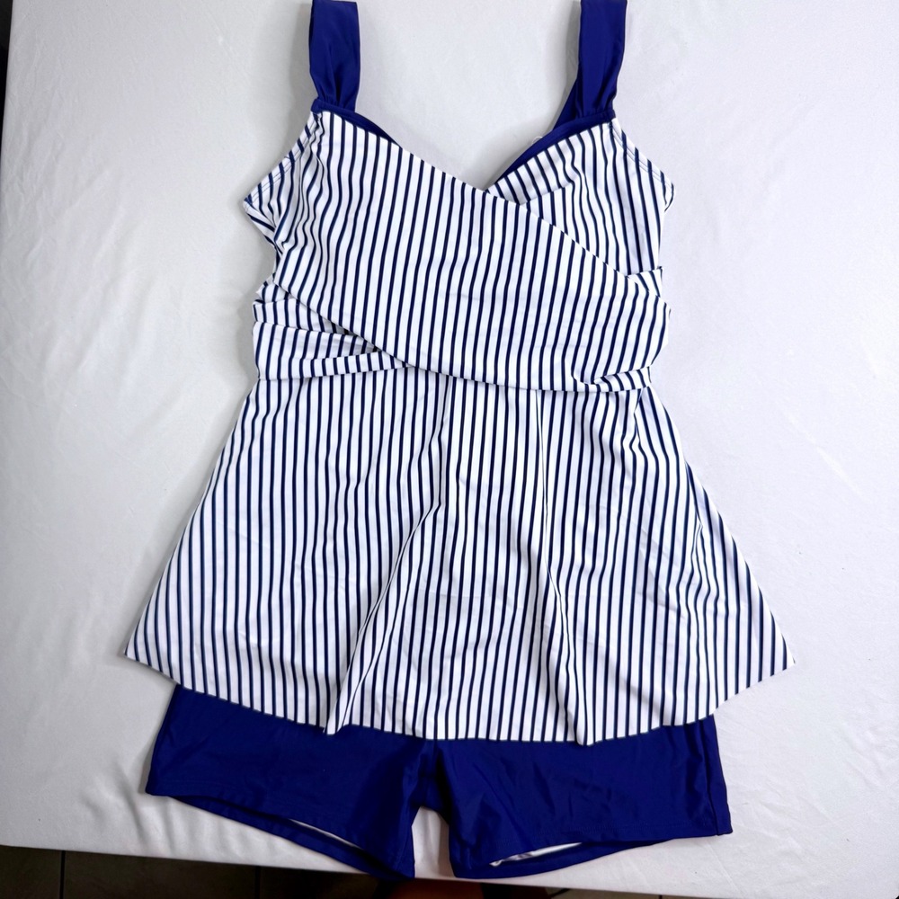 B2PRITY Womens Navy White Striped Tankini Set Boy Shorts Swimsuit Padded Large